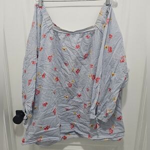 VGUC Old Navy boat neck off shoulder blue white flower strip top tie sleeves 4xl